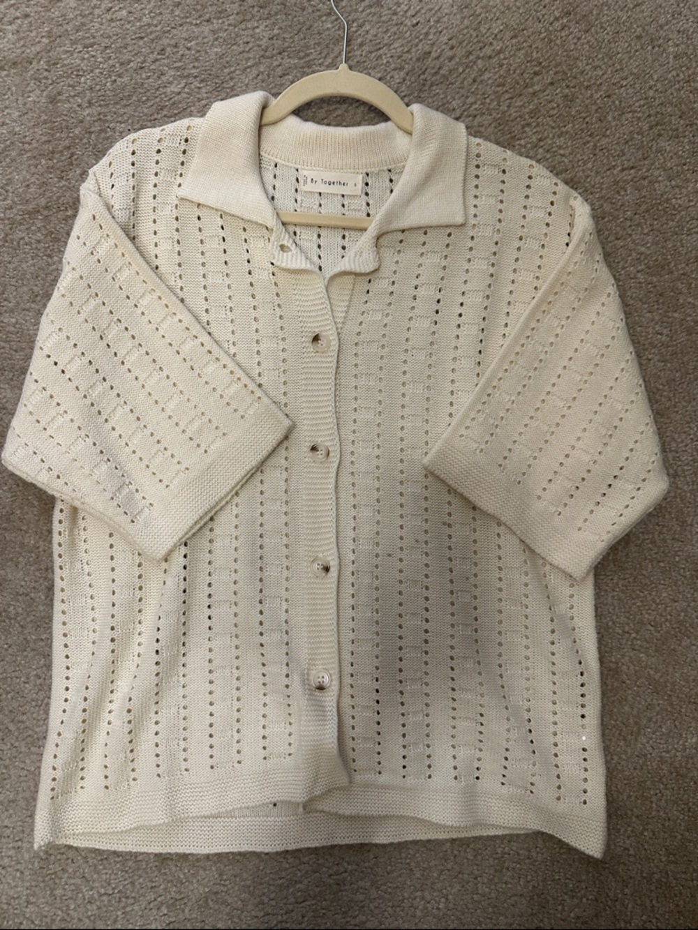 Cream Open-Knit Button Front Cardigan and Pants Set